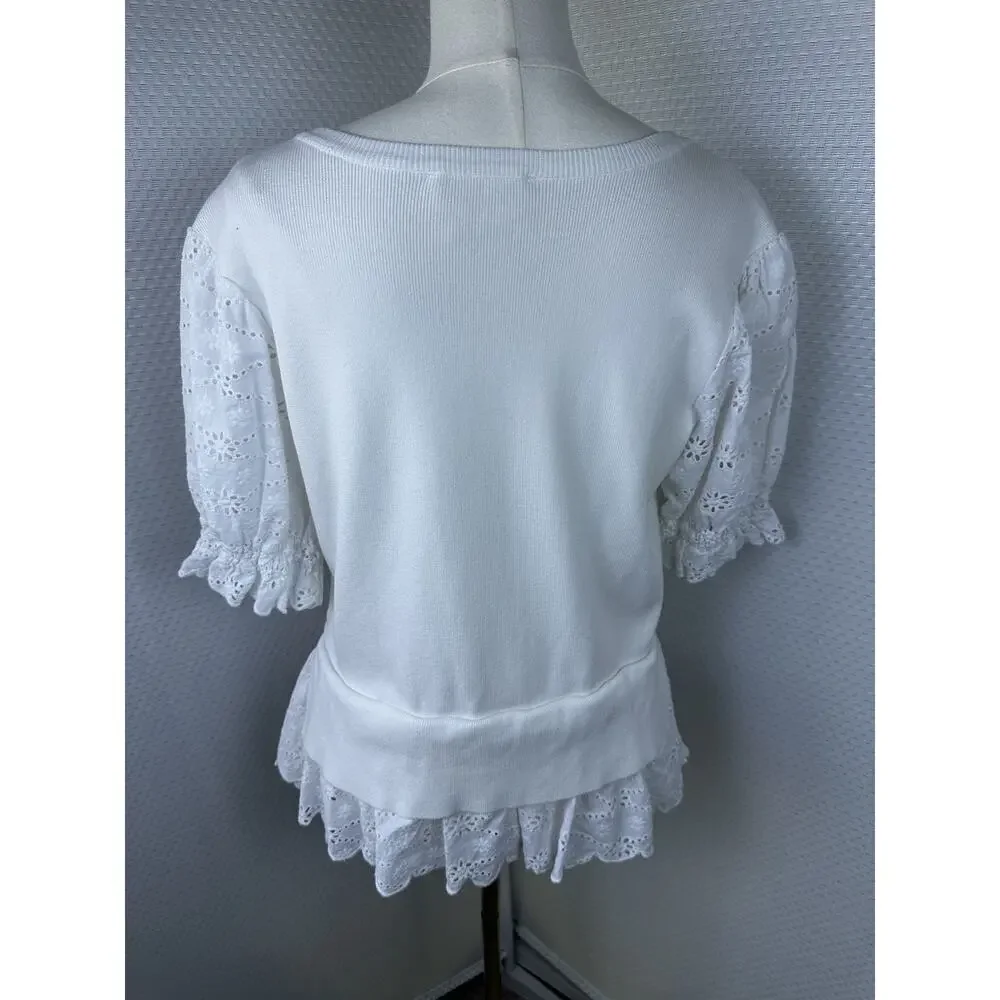 Anthropologie English Factory Eyelet Puff-Sleeve Sweater Tee Anthro Large